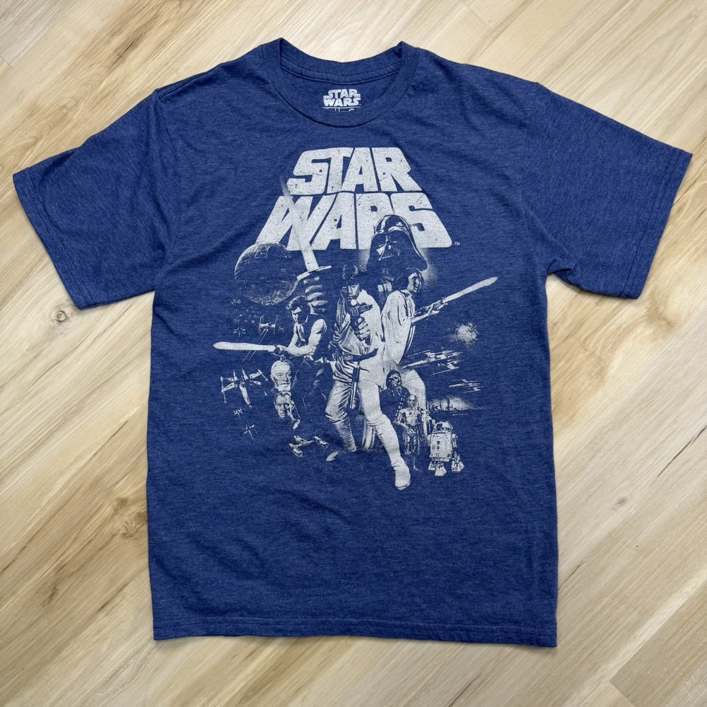 Vintage Star Wars Blue Men's Graphic T-Shirt Size Small Lightsaber Darth Vader